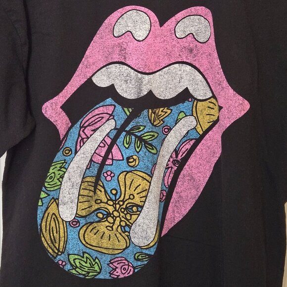 The Rolling Stones Black T-Shirt L/XL Pink Lips & Floral Tongue 100 % Cotton - Picture 2 of 4